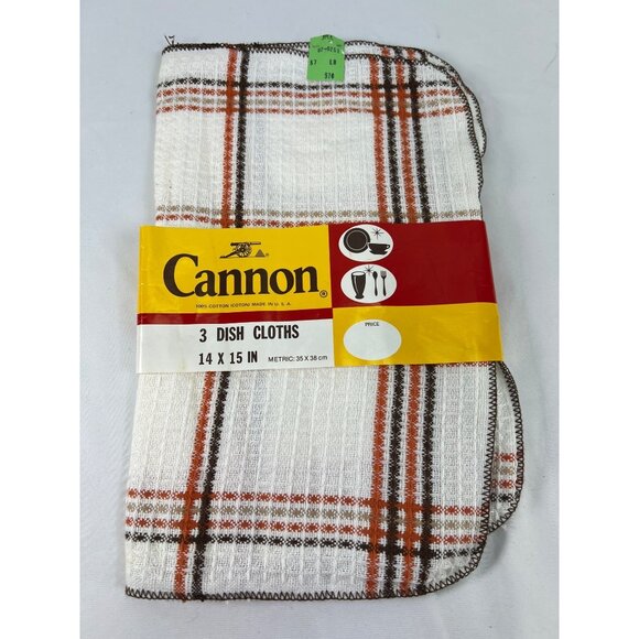 VTG Cannon 3 Piece Dish Cloths Set 14x15 In Cotton White Brown & Orange Plaid - Picture 1 of 4